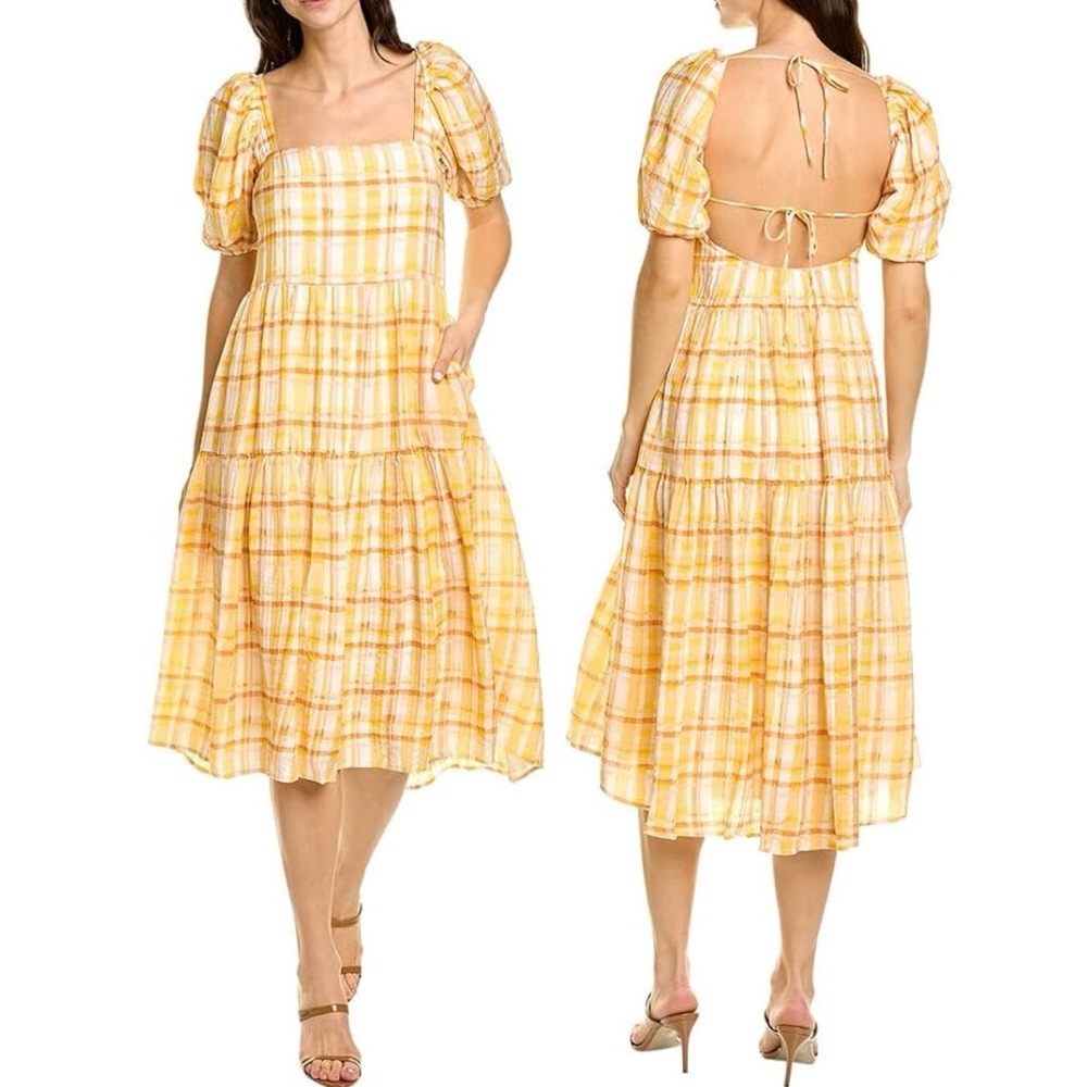New ASTR Plaid Puff Sleeve Tie Open Back Tiered Midi Dress Orange Yellow Small